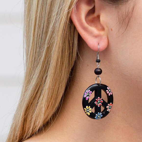 Peace Sign Dangle Earrings Organic Wood Hippie Jewelry for Women and Men - Picture 4 of 6
